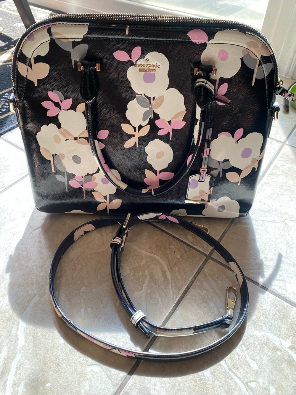 kate spade Black Floral Dome Satchel with Pink & Cream Blooms - Picture 3 of 9